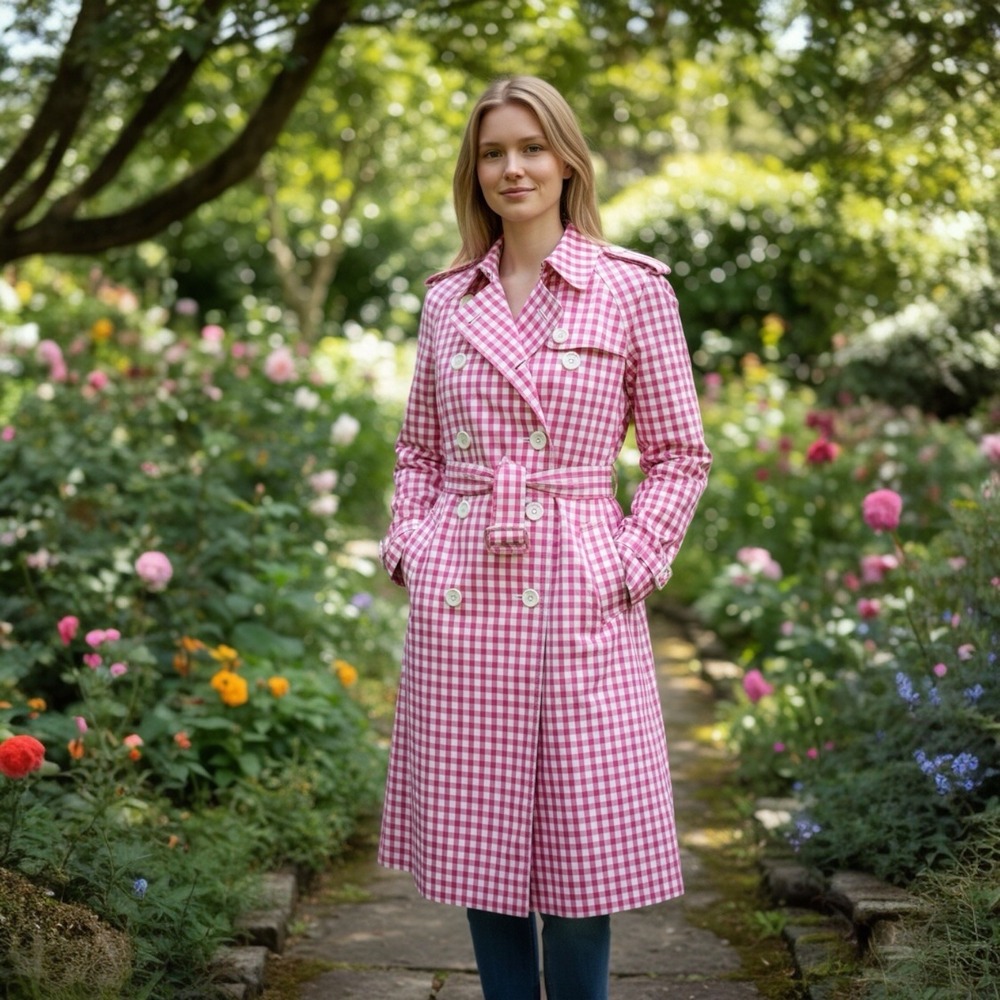 Burberry London VTG Pink Plaid Gingham Cotton Trench‎ Coat US 4 Rose Pink EUC